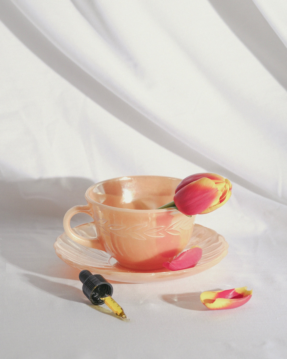a cup with a flower in it sitting on a saucer