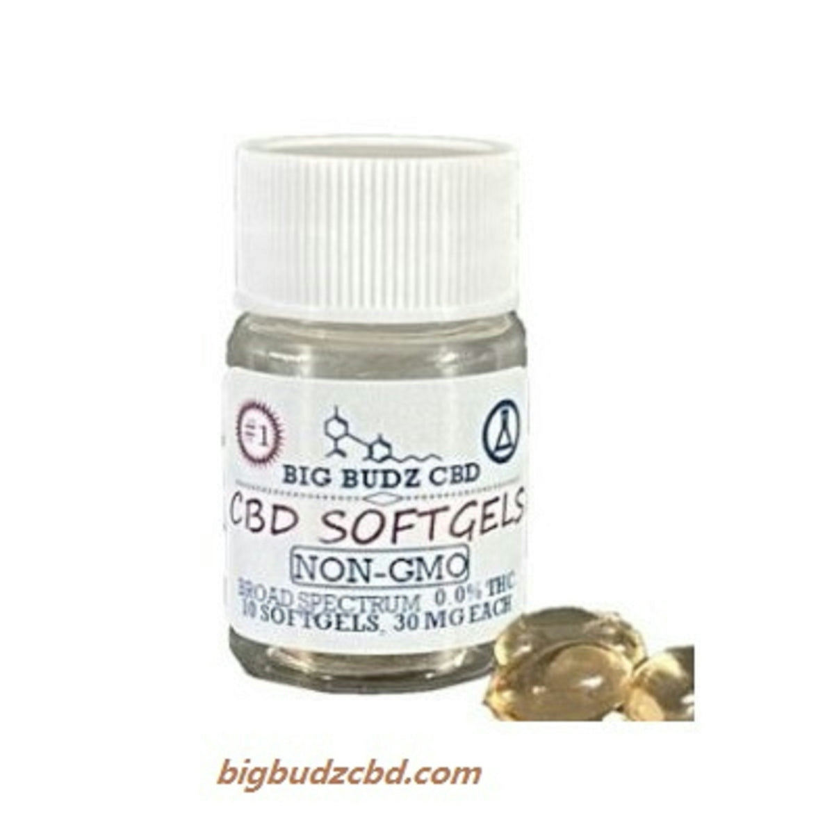 a bottle of cbd softgels next to some gold coins