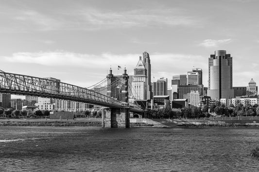 A black and white photo of a city skyline