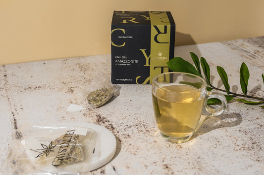 a cup of tea next to a box of tea