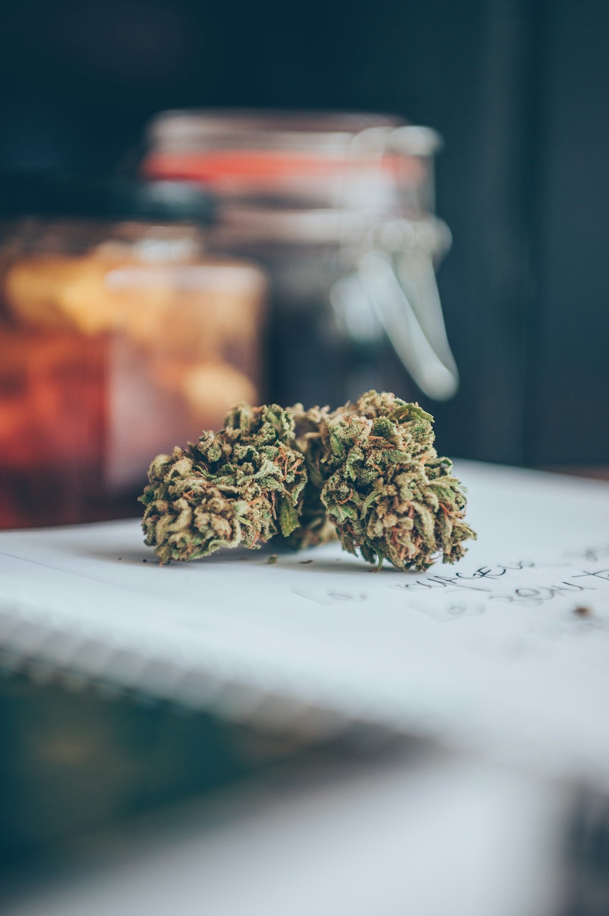 A pair of marijuana buds sitting on top of a table