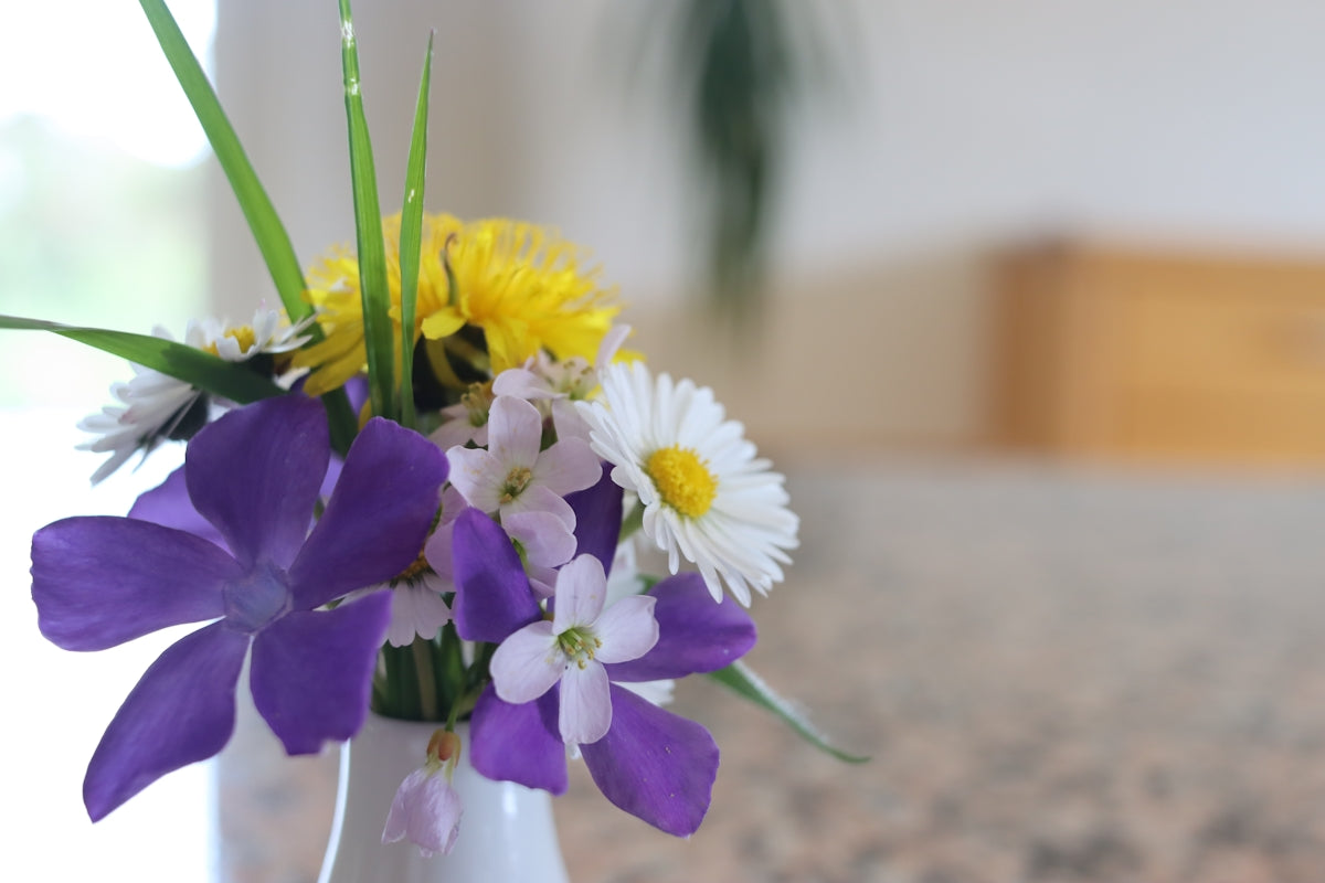 A small bouquet of purple and white flowers.